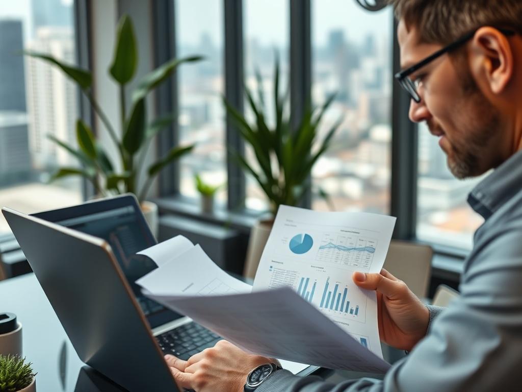 A close up of a confident investor reviewing property listings