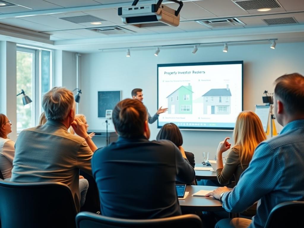 A dynamic scene of a property investment masterclass in progress,