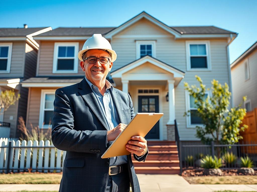 **Prompt for AI Image Generation:**

Create a realistic high-resolution photo of a confident and knowledgeable property developer standing in front of a recently renovated residential building. The subject should be a middle-aged person, dressed in smart casual attire, holding a clipboard and wearing a hard hat, embodying professionalism and expertise in real estate. 

The background should feature a cozy, modern home that illustrates the "Rehab" aspect of the BRRR strategy, showcasing fresh paint, landscap