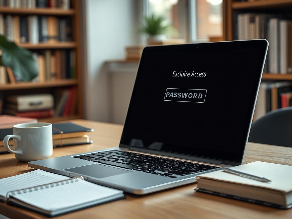A close-up shot of an open laptop with a password entry screen, symbolizing exclusive access, set in a well-lit study. A notebook and coffee cup beside it create a cozy learning atmosphere.
