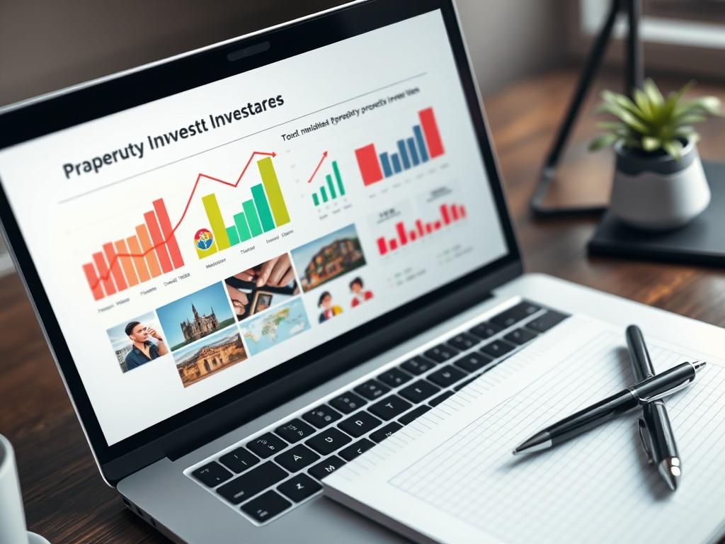 A close-up shot of an interactive slide deck on a laptop screen, showcasing vibrant graphs and images related to property investment, with a stylish pen and notepad beside it on a desk.