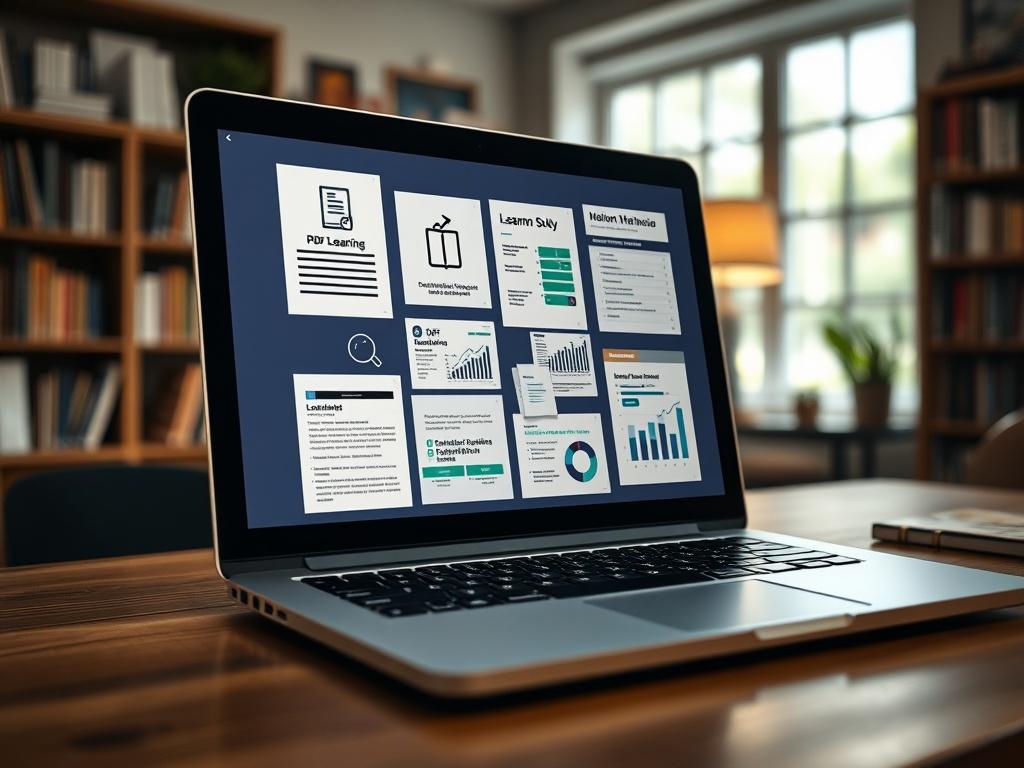 A close-up shot of a laptop screen displaying various downloadable learning materials, including PDF documents and Excel spreadsheets, set on a wooden desk. In the background, a blurred view of a cozy study with bookshelves and a soft light illuminating the space.
