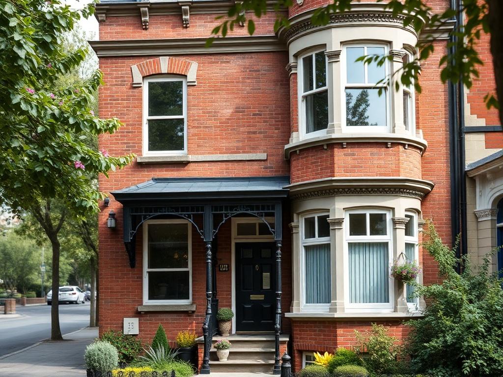 A close-up shot of a beautifully renovated Victorian home, showcasing its transformation into a six-bedroom HMO. The property features modern windows, a stylish entrance, and a well-maintained facade. The background highlights a quaint street with greenery, emphasizing the charm of the Birmingham neighborhood. The image should be hyper-realistic and vibrant, capturing the essence of property development.