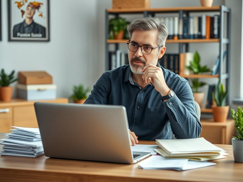 Create a realistic high-resolution image featuring a thoughtful, middle-aged landlord sitting at a well-organized desk with a laptop open in front of them. The landlord, a Caucasian male, is dressed in a casual yet professional manner, reflecting a sense of practicality and diligence. Display a few property documents neatly piled on one side of the desk to signify the ongoing consideration of the Renters Reform Bill 2025.

In the background, a softly lit office space adds warmth to the image, showcasing a few potted plants and a bookshelf filled with real estate and legal books, emphasizing the subject's focus on property management. The overall composition should be simple and clear, with a shallow depth of field to keep the attention on the landlord while lightly blurring the background elements. Avoid any text or abstract shapes within the image, ensuring it visually captures the essence of understanding the implications of the Renters Reform Bill for landlords in the UK. The color scheme should harmonize with a primary color of deep blue (rgb(40, 93, 225)), enhancing the professional, serious tone of the subject matter.