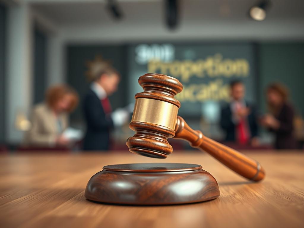 Create a realistic high-resolution photo featuring a single auction hammer (gavel) positioned prominently in the center of the image. The gavel should exhibit fine craftsmanship, showcasing a polished wooden handle and a shiny, reflective striking head. The lighting should highlight the textures and details of the gavel, creating a warm and inviting ambiance.

In the background, use a blurred scene of a property auction setting, hinting at bidders and auctioneers in soft focus. This backdrop should create c