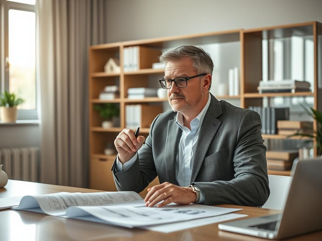 Create a realistic high-resolution photo that perfectly reflects a blog titled "Common Mistakes to Avoid in Property Development." 

**Composition:** Focus on a single subject, a thoughtful property developer sitting at a well-organized desk, appearing deep in thought as they review blueprints or property plans. The composition should be simple and clear, with the developer positioned slightly off-center to draw the viewer's eye. 

**Subject Matter:** The subject should be a middle-aged individual, dressed 