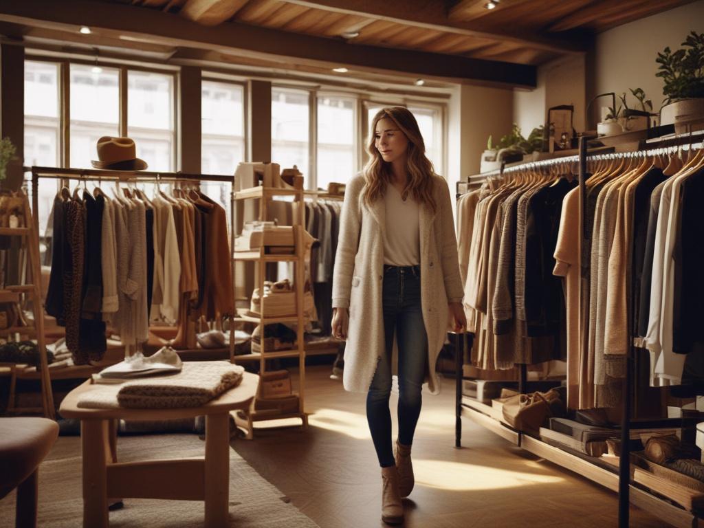 A high-resolution image of a stylish woman enjoying a personalized shopping experience. She is surrounded by clothing racks in a cozy boutique setting, showcasing earthy textures and natural tones. The atmosphere is warm and inviting, reflecting a rustic aesthetic with soft lighting.