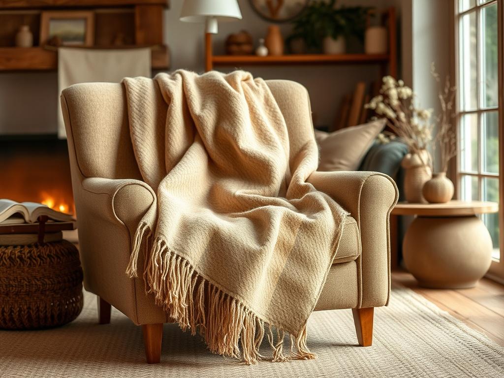A cozy natural wool blanket draped over a comfortable armchair in a warm living room. The blanket features earthy tones, inviting a sense of comfort. The background showcases a softly lit room with rustic decor elements, creating an inviting and warm atmosphere.