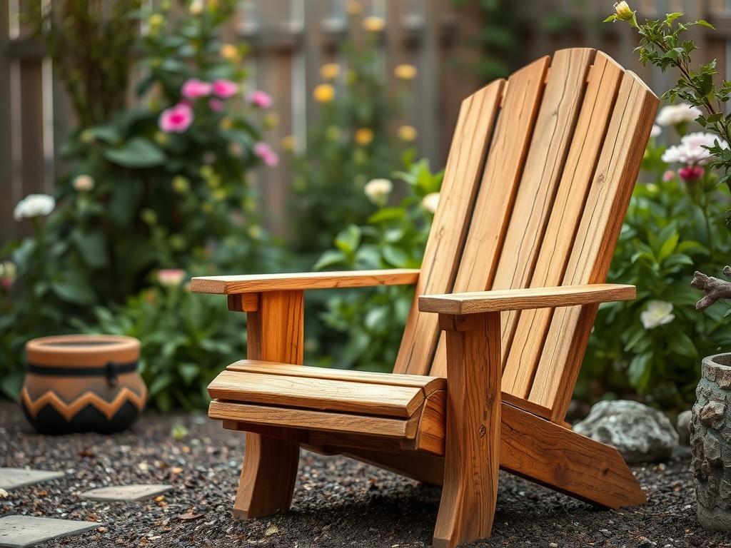 A rustic wooden chair placed in a cozy, natural setting. The chair is made of high-quality wood and features earthy tones. The background is a softly blurred garden with natural elements like greenery and flowers, enhancing the warm aesthetic. The focus is solely on the chair, showcasing its texture and design.