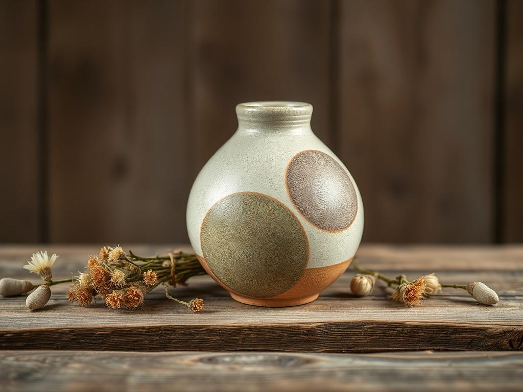 A handmade ceramic vase displayed on a rustic wooden table. The vase features unique shapes and earthy colors. Surrounding the vase are soft natural elements like dried flowers, enhancing its beauty. The background is softly blurred to keep the focus on the vase, showcasing its texture and craftsmanship.