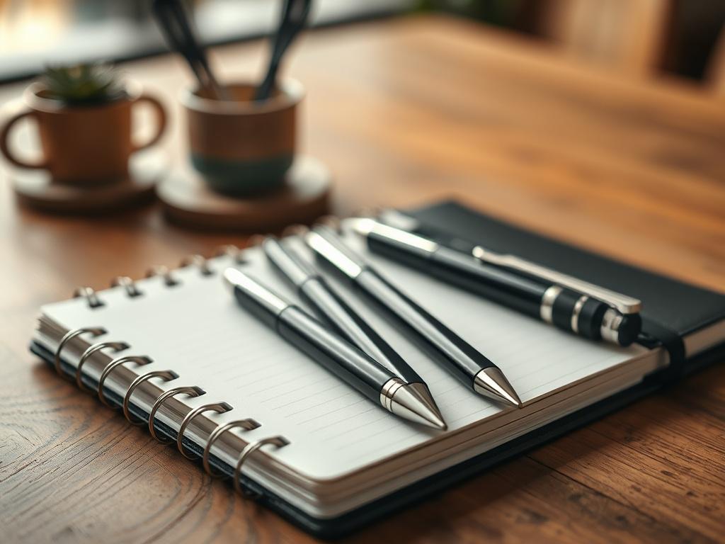 A high-quality image of a business pen set displayed on a stylish notebook. The pens should be sleek and modern, with a soft-focus background of an office environment. The lighting should be warm, highlighting the elegance of the pens.