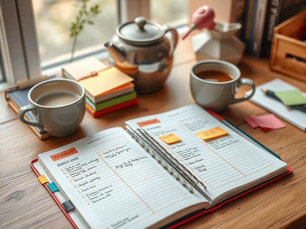 A high-resolution image of an organization planner open on a desk with colorful sticky notes and a cup of coffee beside it. The planner should have neatly written entries, with a bright and inviting atmosphere in the background.