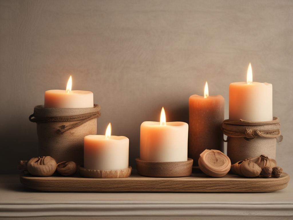 A high-resolution image of natural scented candles arranged on a wooden shelf with earthy textures. The candles are in various shapes and sizes, emitting a soft glow. The background should feature warm natural tones, creating a cozy and inviting atmosphere.