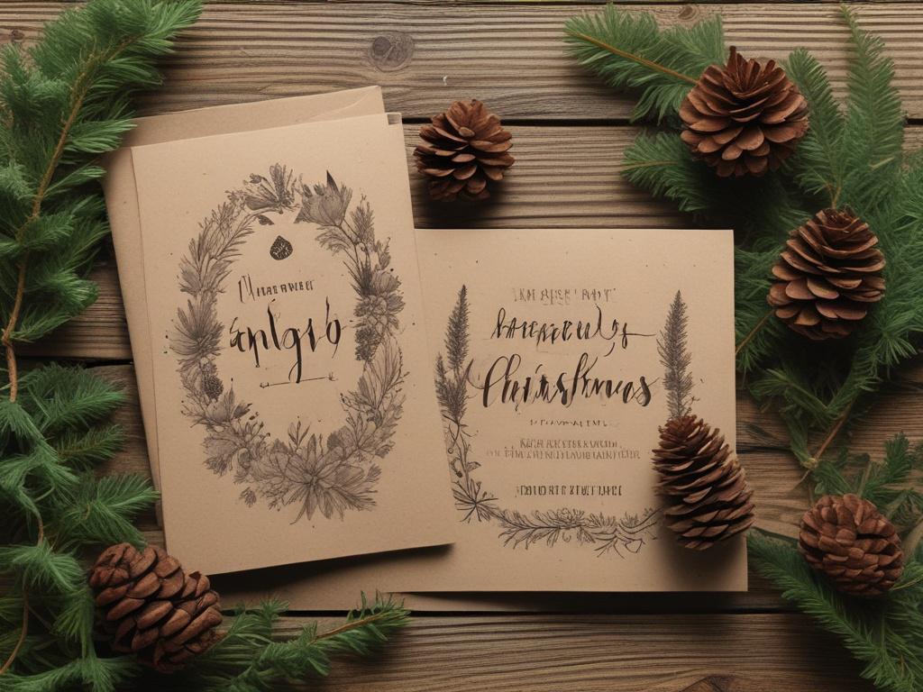 A high-resolution image of handmade Christmas cards displayed on a rustic wooden table, surrounded by natural elements like pine cones and greenery. The cards should feature earthy tones and textures, showcasing unique designs. The background should be softly blurred to emphasize the cards in the foreground.