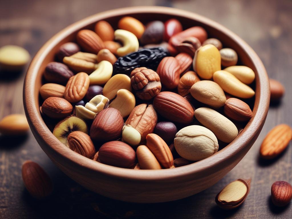 A high-resolution image of an artisan nut mix displayed in a rustic wooden bowl, with a variety of nuts and dried fruits artfully arranged. The background should be natural and earthy, highlighting the textures and colors of the nuts.