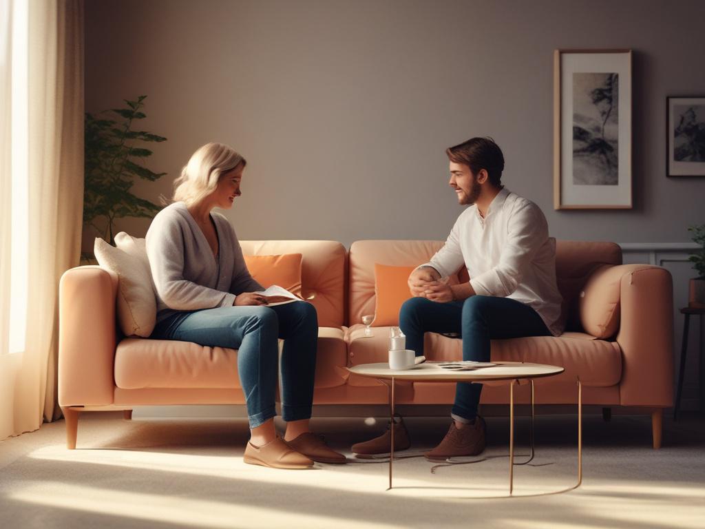 a cozy indoor setting with soft lighting and a warm atmosphere, featuring two people engaged in a deep conversation while sitting comfortably on a sofa.