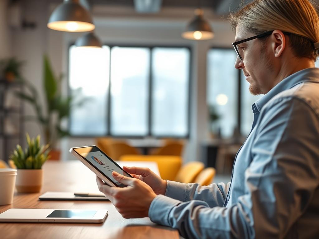 A realistic high-resolution close-up shot of a small business owner interacting with an AI assistant on a tablet, showcasing a bright and inviting workspace, with a focus on technology and productivity, shot with a 45mm f/1.2 lens.