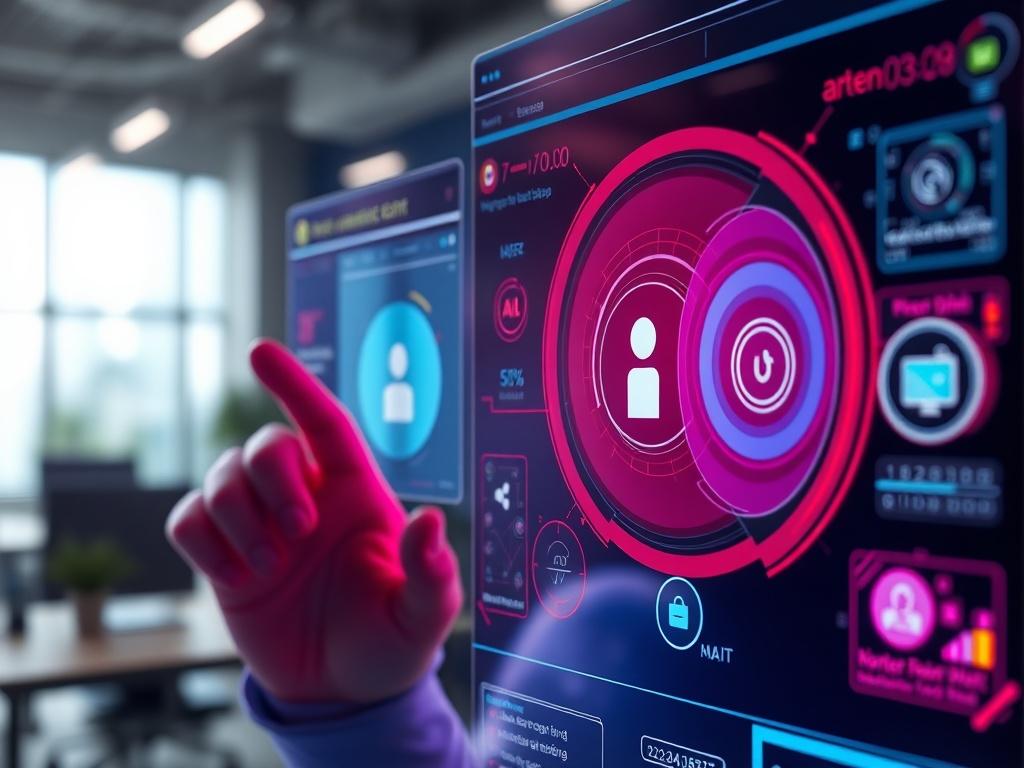 A realistic high-resolution close-up shot of a futuristic AI assistant interface, featuring sleek design elements and vibrant colors, with a focus on user interaction, set against a modern office background, shot with a 45mm f/1.2 lens.