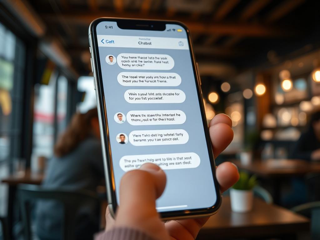 A realistic high-resolution close-up shot of a chatbot interface on a smartphone, depicting engaging conversation bubbles, with a background of a bustling café, highlighting user interaction and technology, shot with a 45mm f/1.2 lens.