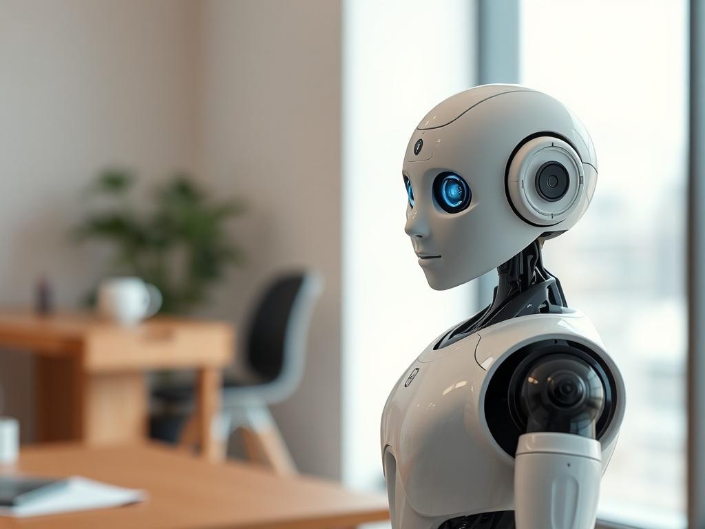 **Prompt for AI Image Generation:**

Create a realistic high-resolution photo that embodies the essence of a blog titled "Découvrez AnimIA Force." The image should feature a single subject: a professional and approachable AI assistant, represented as a humanoid robot. This robot should have a sleek, modern design with soft, inviting features that convey friendliness and intelligence. 

The background should be a simple, softly blurred office setting that suggests a high-tech atmosphere; think of contemporar