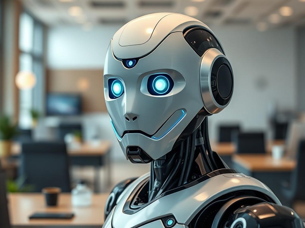 Generate a highly realistic high-resolution photo that embodies the essence of a blog titled "Découvrez AnimIA Force: Votre Assistant IA Personnel." The composition should be simple and clear, featuring a single subject: a modern, sleek, and high-tech humanoid robot. The robot should be depicted in a friendly and approachable manner, engaging directly with the viewer as if offering assistance. 

The background should be a softly blurred, contemporary office environment, adorned with minimalistic decor and a