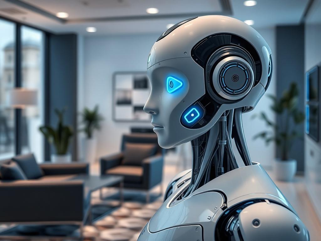 "Create a highly detailed, hyper-realistic image to reflect a blog titled 'Découvrez les AnimIA Force'. The composition should be simple and clear, focusing on a single subject—a sophisticated AI assistant, portrayed as a humanoid figure, showcasing advanced technology in its design. The AI should have a sleek, futuristic appearance with subtle glowing elements to indicate its intelligence and capabilities. The background should be a modern, elegant office space in Paris, featuring sleek furniture and soft 