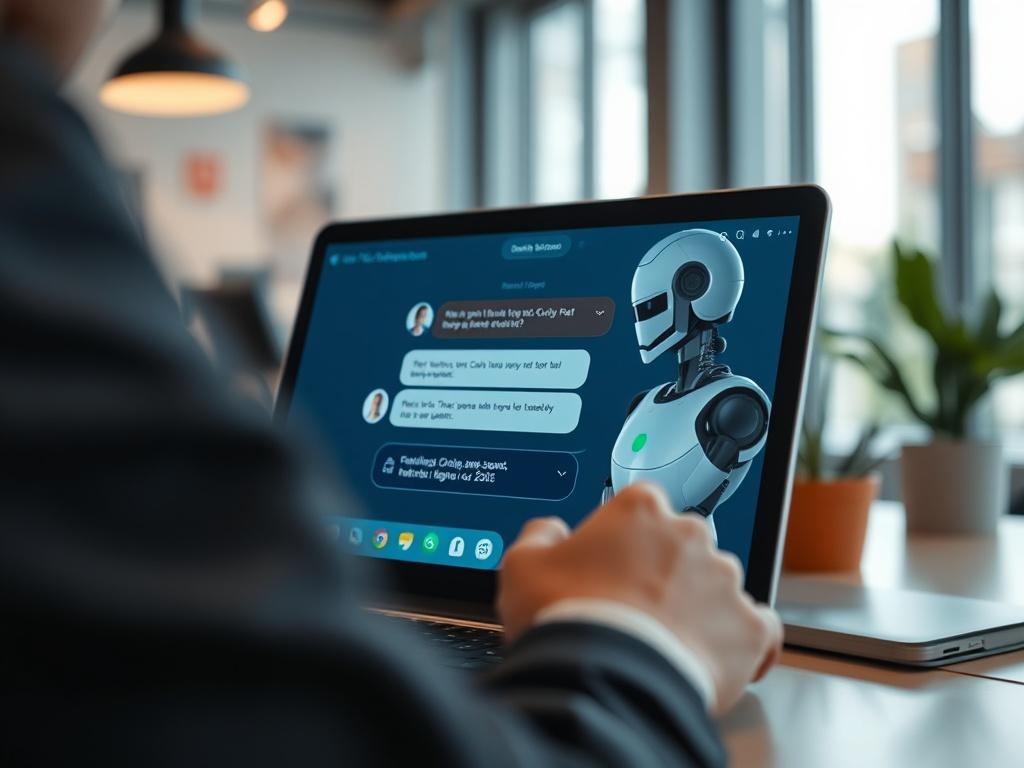 A hyper-realistic close-up of a chatbot interface on a digital device, showing a friendly and interactive conversation. The background is a modern workspace, slightly blurred to focus on the screen. The image is captured with a 45mm f/1.2 lens, highlighting the interface details and the primary color rgb(3, 125, 201).