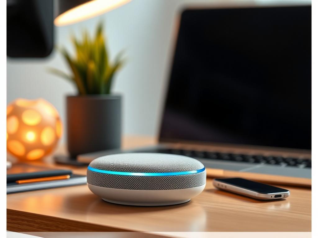 A realistic close-up shot of a voice-activated AI assistant device. The focus is on the device, which is sleek and modern, placed on a stylish desk. The background is softly blurred, enhancing the subject's details. The shot is captured with a 45mm f/1.2 lens, emphasizing the device's design and the color rgb(3, 125, 201).