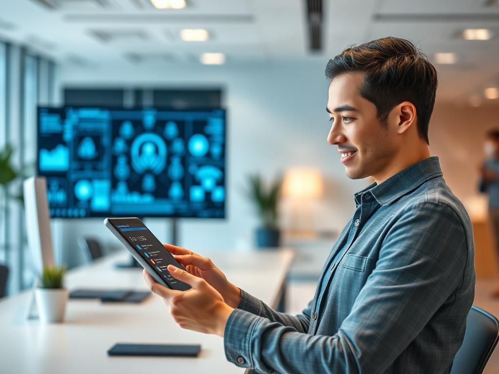 **Prompt for AI Image Generation:**

Create a highly realistic, high-resolution photo that embodies the spirit of "Découvrez AnimIA Force." The image should focus on a single subject: a confident, professional-looking young adult engaged in a dynamic conversation with an AI assistant interface displayed on a sleek, modern tablet. The person should be depicted with an expression of curiosity and excitement, showcasing the transformative power of AI in their digital experience.

For the background, choose a c