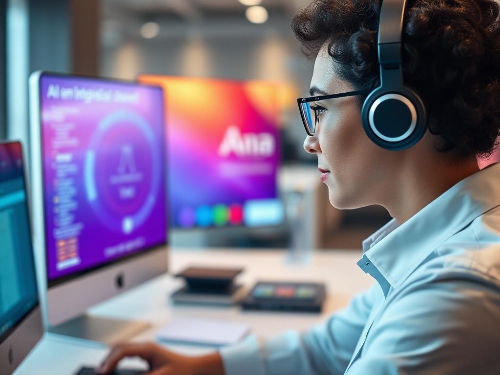 A hyper-realistic close-up shot of an AI assistant in action, interacting with a user. The setting is a modern, stylish workspace with a sleek design. The AI assistant appears as a friendly, intelligent interface on a digital screen, displaying vibrant colors that complement the primary color rgb(3, 125, 201). The lighting is bright and inviting, showcasing the details of the workspace and the technology involved.