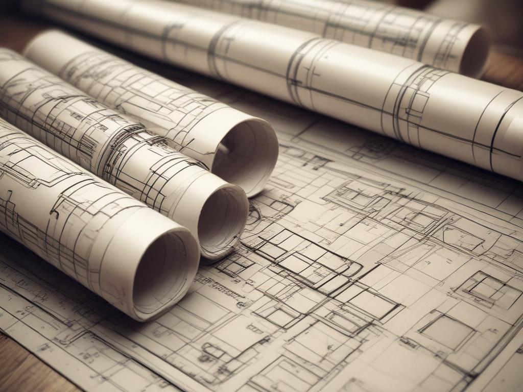 A hyper-realistic close-up shot of a modern architectural design plan spread out on a wooden table. The foreground features detailed sketches and blueprints, showcasing intricate lines and measurements. Soft natural light filters in, illuminating the textures of the paper. The background is blurred to maintain focus on the design elements, with hints of greenery visible through a nearby window. The color palette is dominated by shades of teal, aligning with the primary color rgb(4, 104, 120).