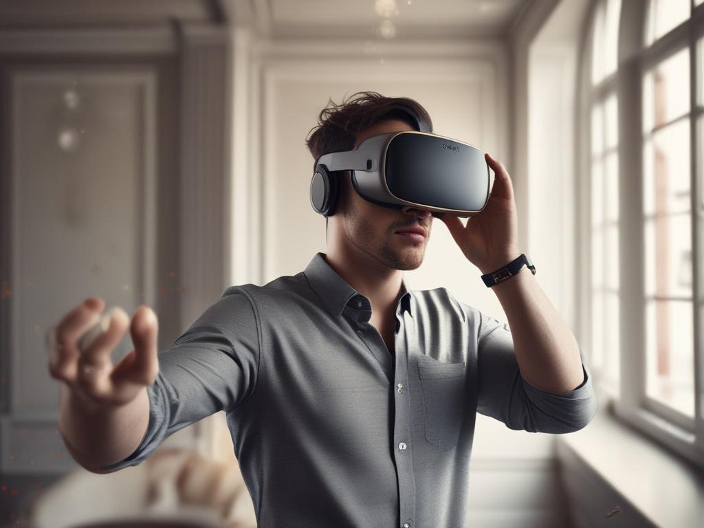 A hyper-realistic close-up shot of a virtual reality headset being worn by a person immersed in an architectural environment. The background showcases a stunning 3D rendered interior of a modern building, filled with natural light, showcasing intricate design details. The focus is on the user’s facial expressions, reflecting awe and engagement as they experience the virtual space. Use a 45mm f/1.2 lens style to create a shallow depth of field, emphasizing the headset and the user while subtly blurring the a