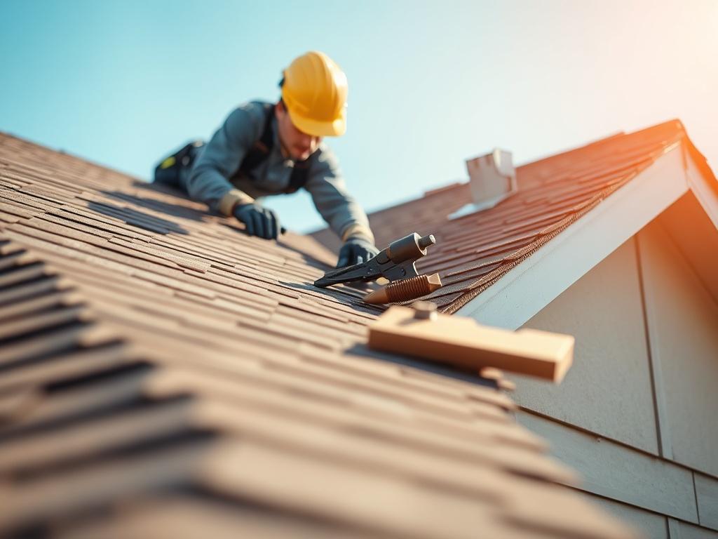 A close-up shot of a skilled roofer seamlessly installing shingles on a residential roof, showcasing the roofing materials and tools in detail. The background should be a clear blue sky to enhance the focus on the roofing work, while the image is captured in high resolution with a soft bokeh effect. The warm color palette should include shades that complement the primary color rgb(243, 153, 62), creating a professional and inviting atmosphere.
