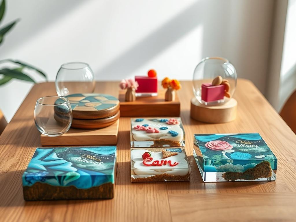 A beautiful display of personalized resin art pieces, including coasters and keepsakes, arranged elegantly on a minimalistic wooden table. The background features soft natural lighting that highlights the vibrant colors and intricate details of the resin art, creating an inviting and inspiring atmosphere.