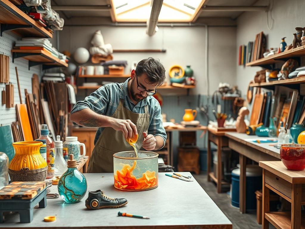 An artisan in a bright, well-lit workshop, focused on pouring resin into a mold. The workspace is filled with colorful materials, tools, and a variety of resin art pieces in different stages of completion, conveying a sense of creativity and craftsmanship.