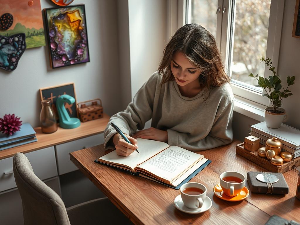 A person sitting at a cozy desk, thoughtfully writing down their personal story and memories on a notepad. The desk is adorned with colorful resin art pieces, a warm cup of tea, and a bright window that lets in soft sunlight, creating a serene and inspirational workspace.