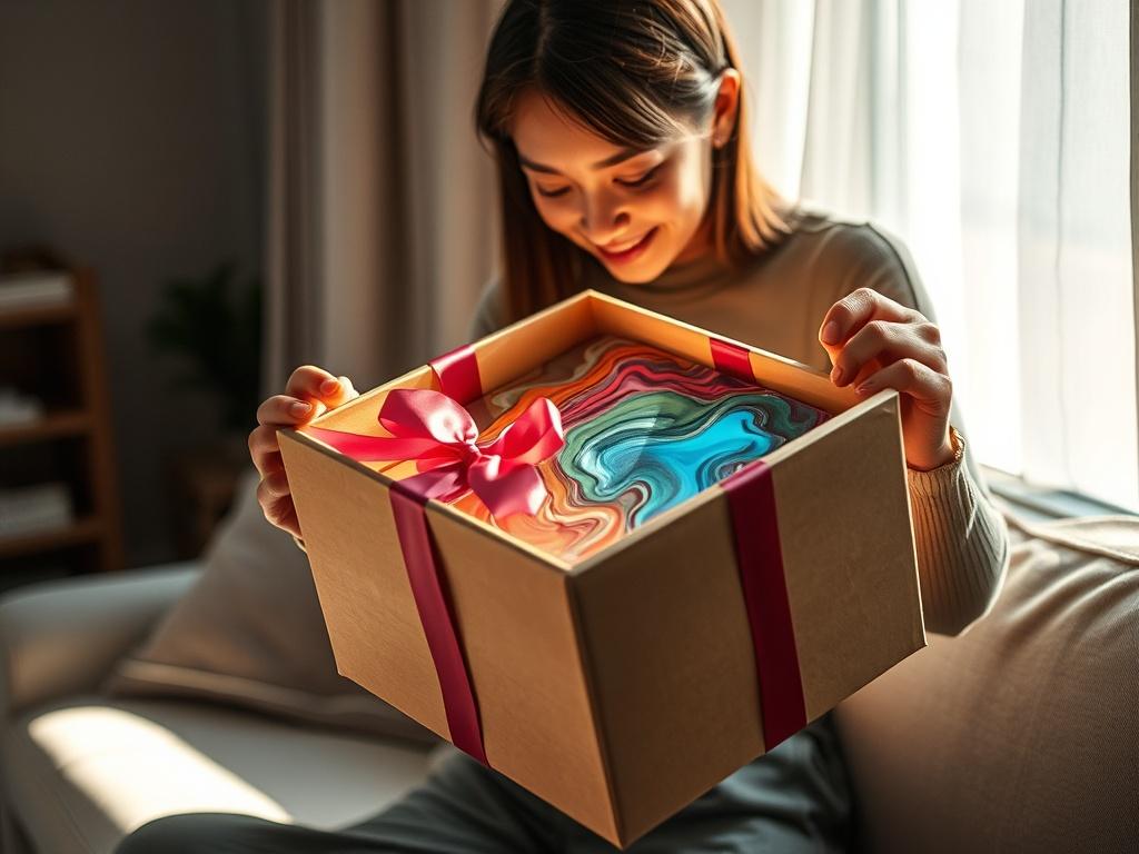A person eagerly unboxing a beautifully wrapped resin art piece at home, surrounded by soft natural light. The package is adorned with elegant ribbons, and as the box opens, a glimpse of the vibrant custom resin art inside shines through, showcasing its beauty and craftsmanship.