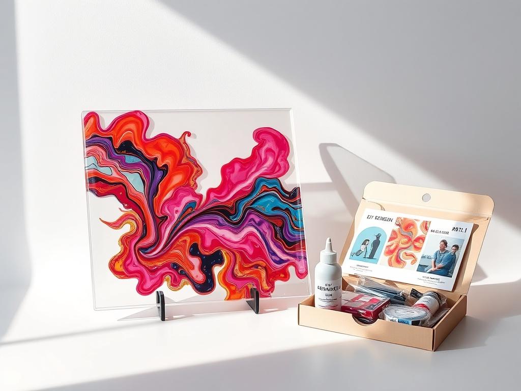 A beautifully crafted resin art piece featuring vibrant colors and intricate designs, displayed on a minimalistic white background. The focus should be on the unique textures and details of the resin, showcasing its glossy finish. The lighting should be bright and natural to enhance the vibrancy, with soft shadows for depth. Include a glimpse of the DIY resin art kit in a stylish, organized manner beside the artwork, highlighting the creative process behind the pieces.