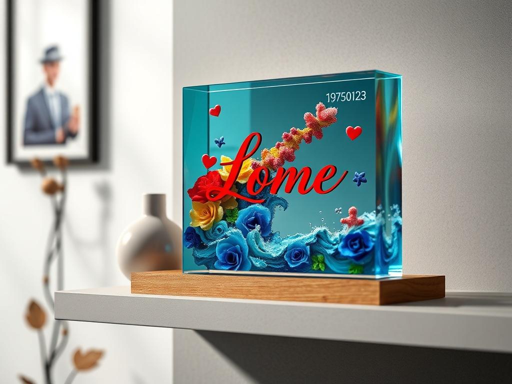 A lifelike high-resolution photo of a keepsake resin art piece, featuring vibrant colors and intricate details, displayed on a modern shelf. The piece should incorporate personal elements, such as a name and date, with a softly blurred background to emphasize the artwork.