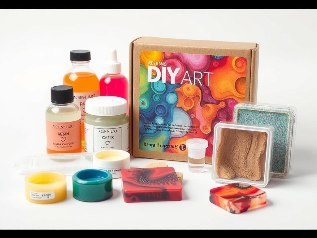 A realistic high-resolution photo of a DIY resin art kit displayed on a clean white background. The kit should include resin, colorful pigments, and molds, arranged neatly to showcase the contents, with an artistic touch like a small, finished resin piece nearby.