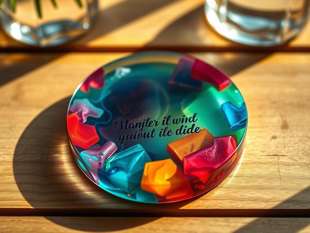 A realistic high-resolution photo of a custom resin coaster featuring vibrant colors and unique designs, placed on a minimalistic wooden table. The coaster should have a smooth texture, showcasing a meaningful quote embedded within the resin, surrounded by a soft, natural light.