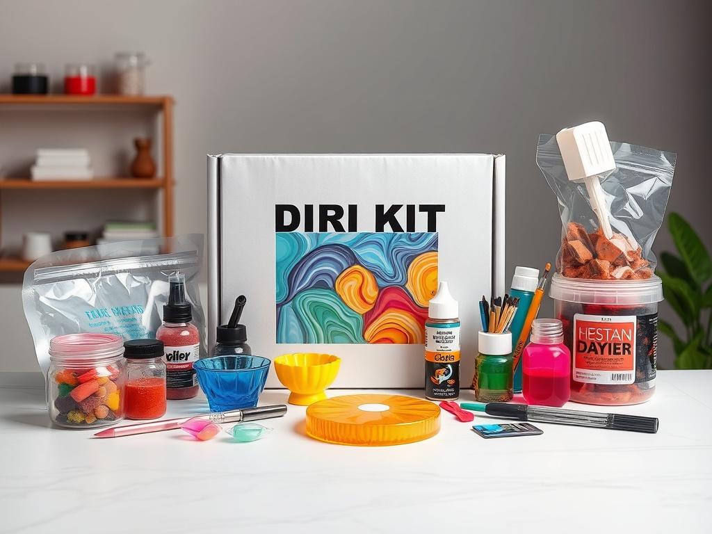 A vibrant DIY resin art kit displayed on a table, featuring colorful resin, molds, and tools, inviting creativity.