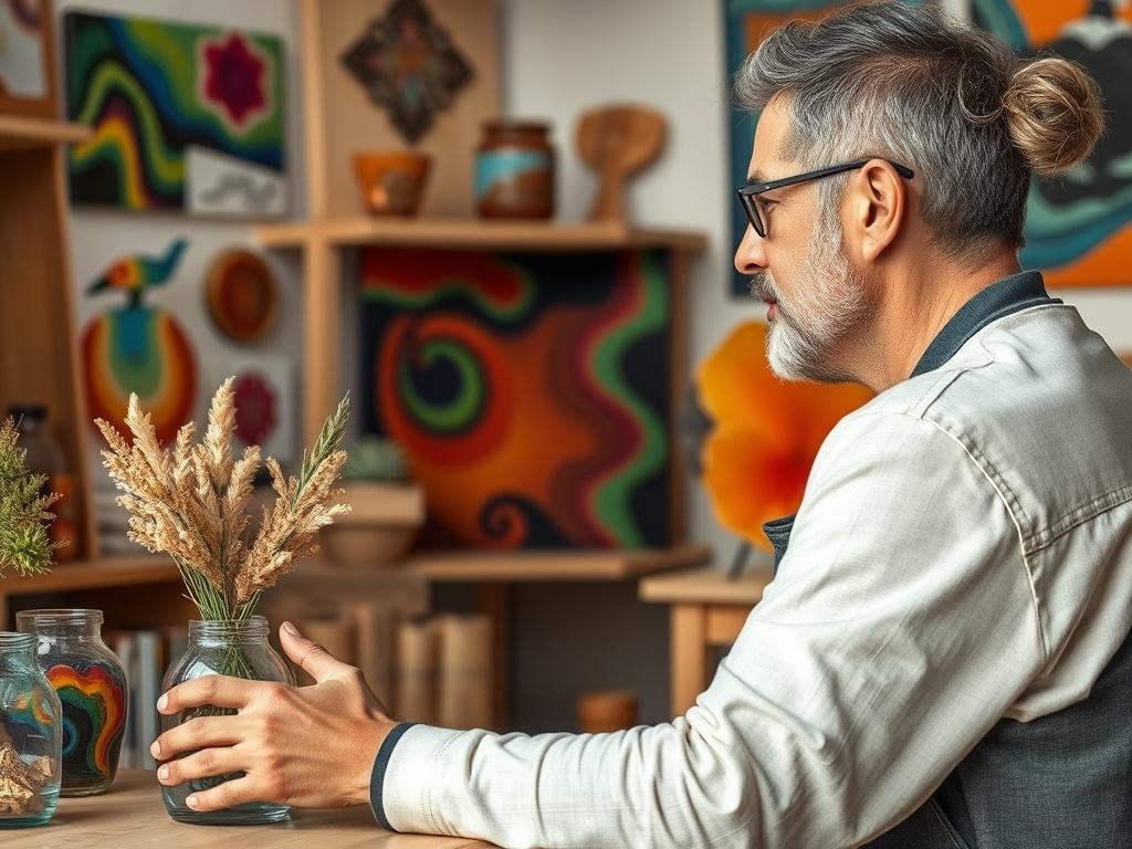 A close-up of a person sharing a heartfelt story with a resin artist, surrounded by colorful resin art pieces in a cozy studio setting.