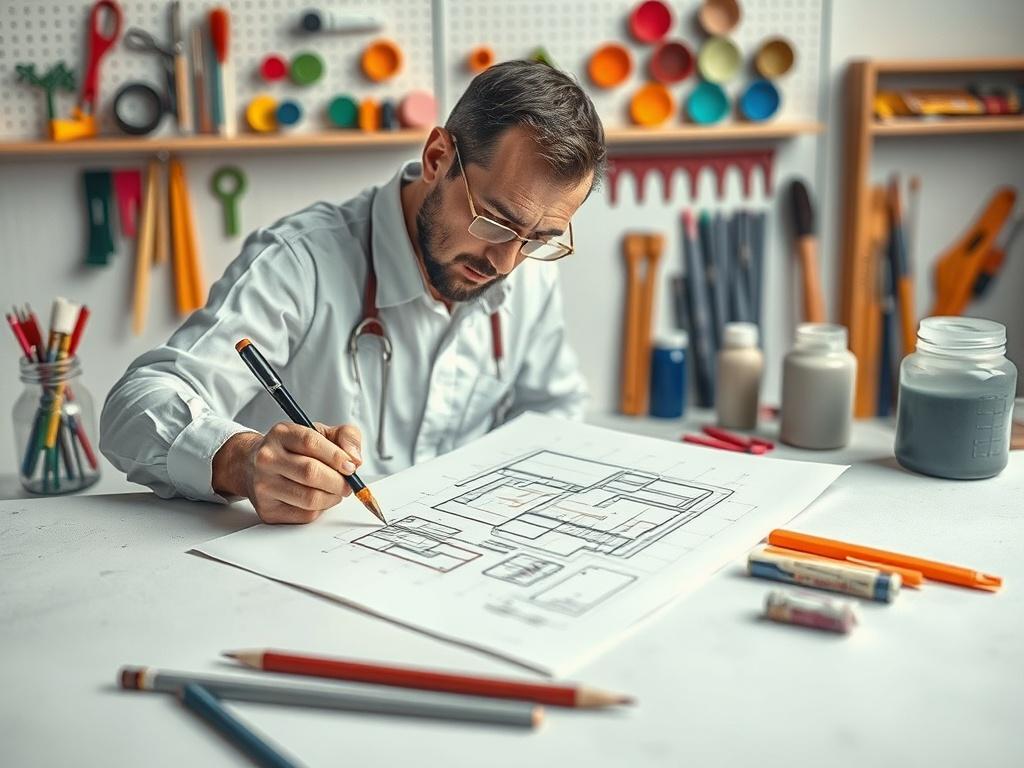 An artist sketching a design concept on paper, with colorful resin materials and tools arranged neatly in the background.