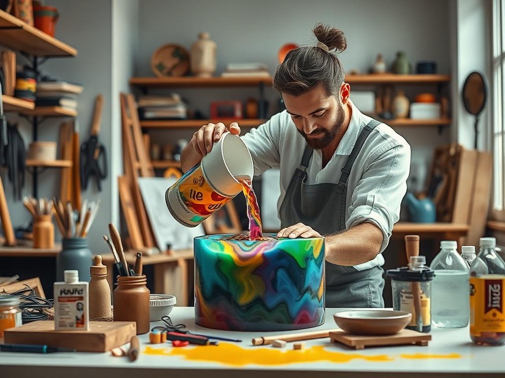 An artisan pouring colorful resin into a mold, with tools and artistic supplies surrounding them in a bright studio.