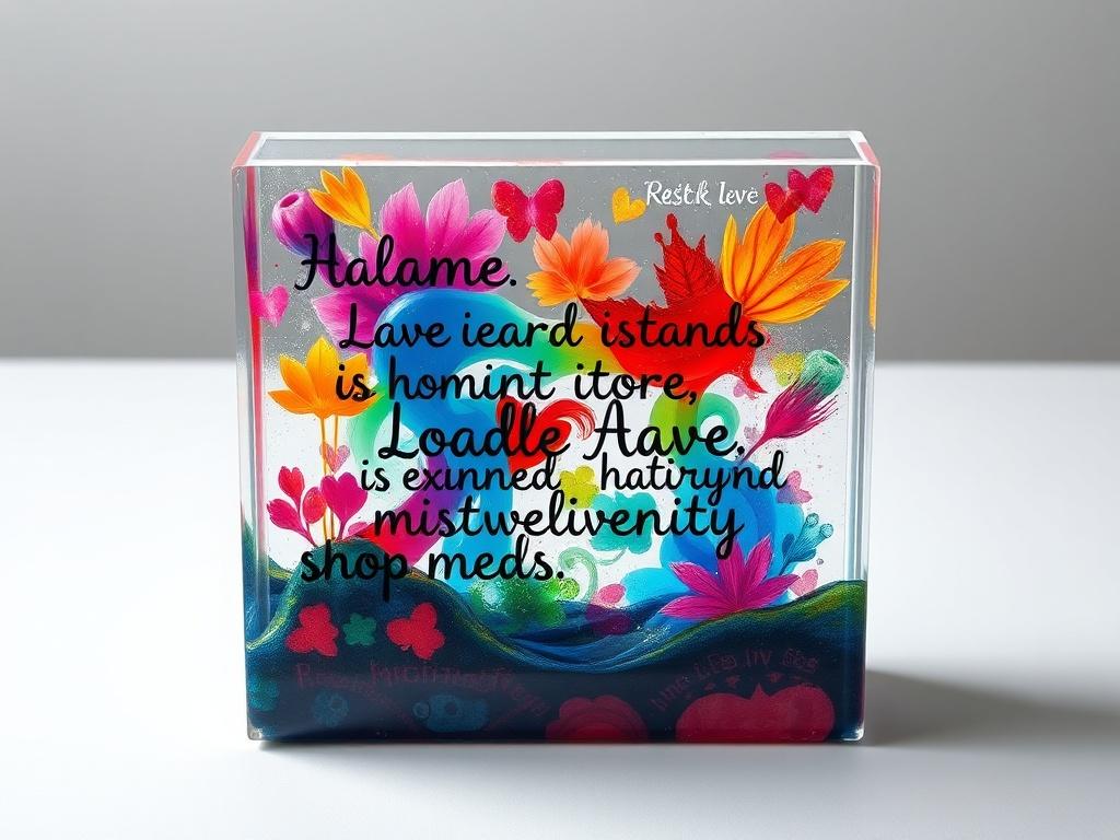 A beautifully crafted resin art piece featuring vibrant colors and intricate designs, showcasing various meaningful words embedded within. The background should be minimalistic and clean, highlighting the details of the resin art. The focus should be on the texture and visual appeal of the artwork, evoking a sense of creativity and personalization.
