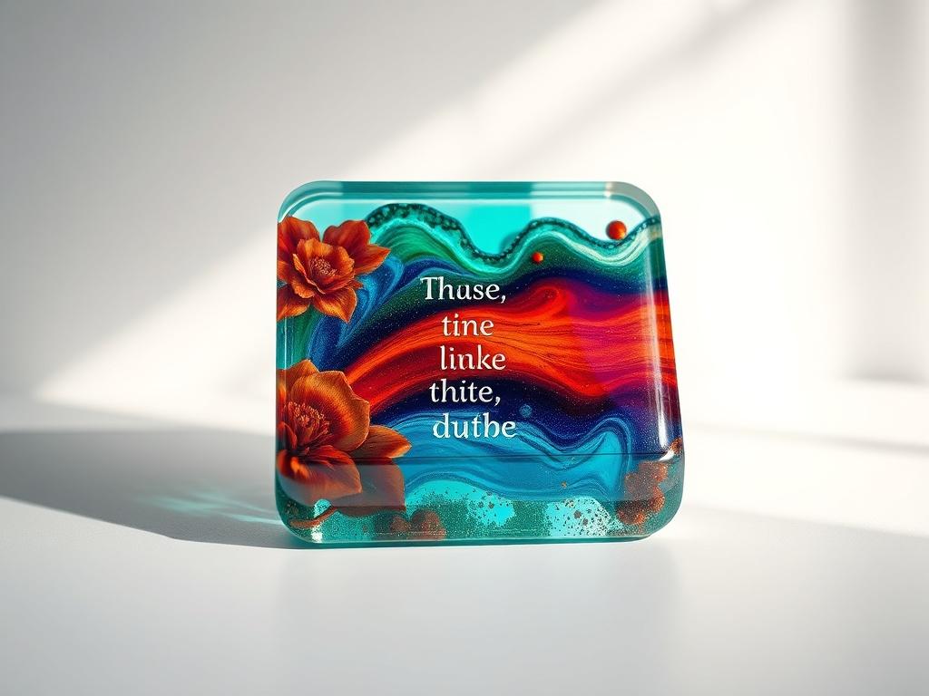 A photorealistic image of a beautifully crafted resin art coaster featuring vibrant colors and intricate designs. The coaster displays a meaningful quote elegantly embedded within the resin. The background is minimalistic with soft lighting, emphasizing the details and texture of the coaster. The overall composition is clean and focuses solely on the coaster, showcasing its artistic beauty.