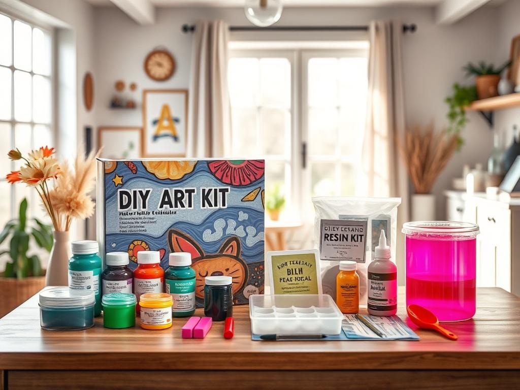 A DIY resin art kit displayed neatly on a table, showcasing vibrant pigments, molds, and tools included in the kit. The background features a cozy crafting space with natural light filtering through a window, creating an inviting atmosphere for creativity.