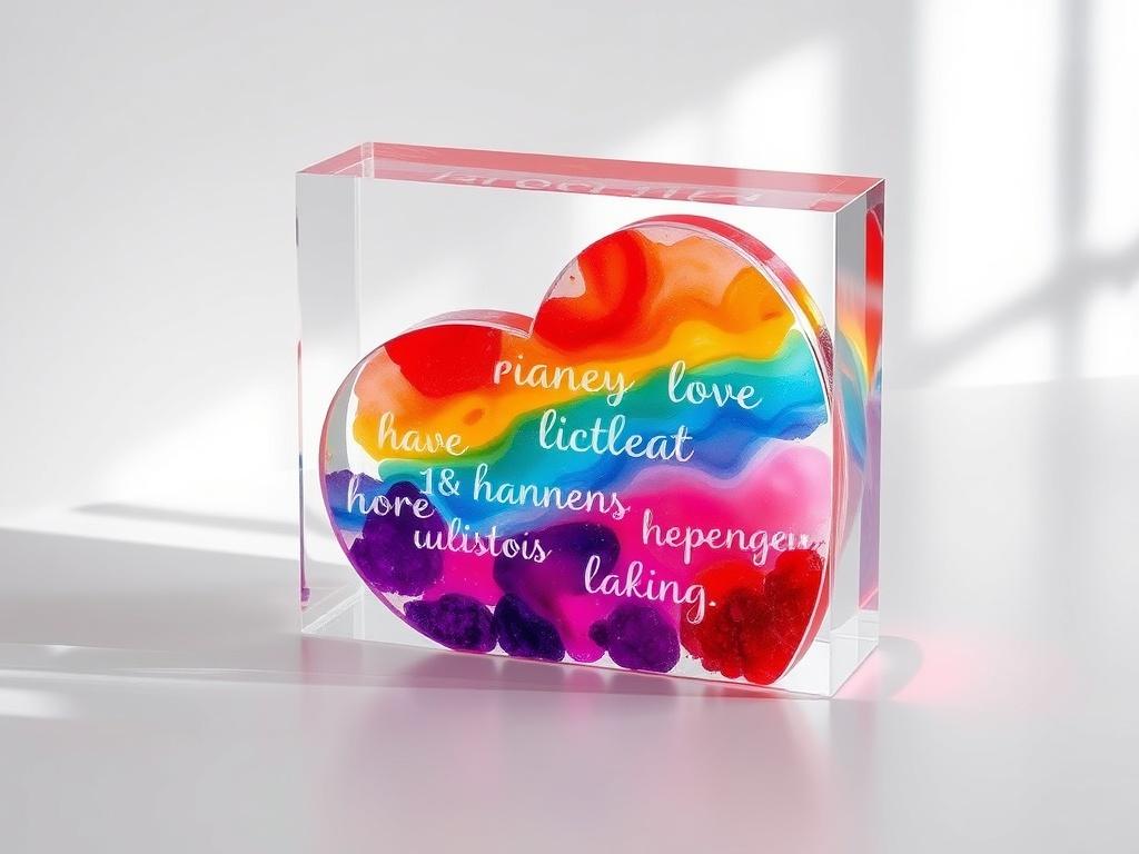 A beautifully crafted keepsake resin art piece displaying vibrant colors and personal words. The piece is elegantly shaped and showcased on a clean white surface with soft lighting, highlighting its glossy finish and intricate details. It radiates warmth and personalization.