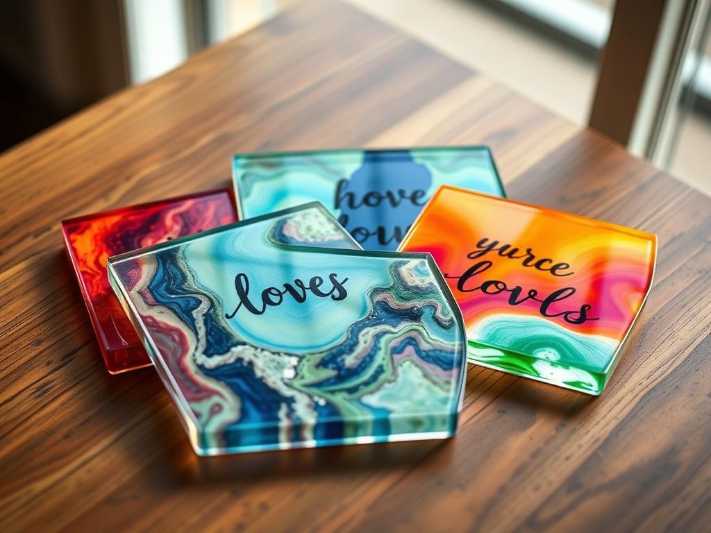 A set of four custom resin coasters featuring vibrant colors and unique patterns. Each coaster displays meaningful words elegantly embedded within the resin. The coasters are placed on a wooden table with a soft natural light illuminating them, showcasing their glossy finish and intricate details.